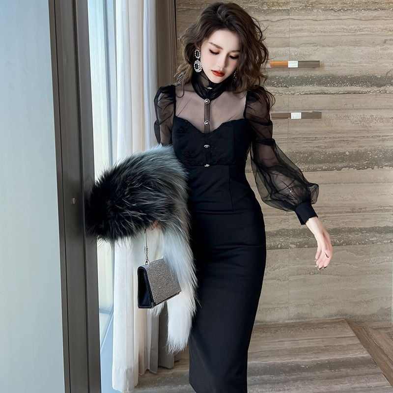 Women's Long Sleeve Stitching Dress with Temperament