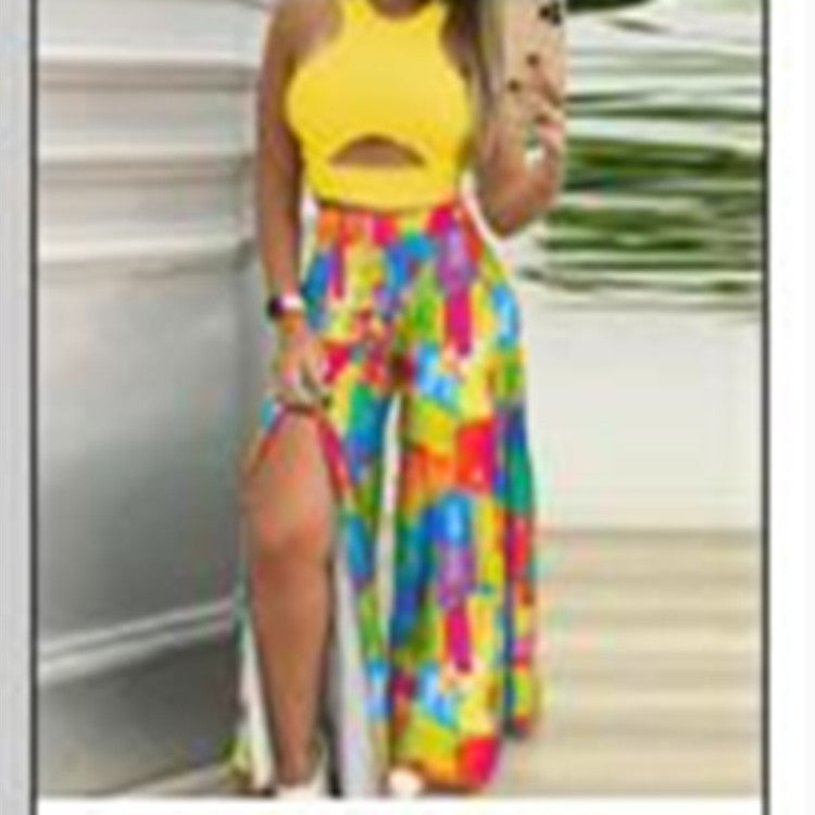 2021 European Style Floral Sleeveless Pantsuit Set