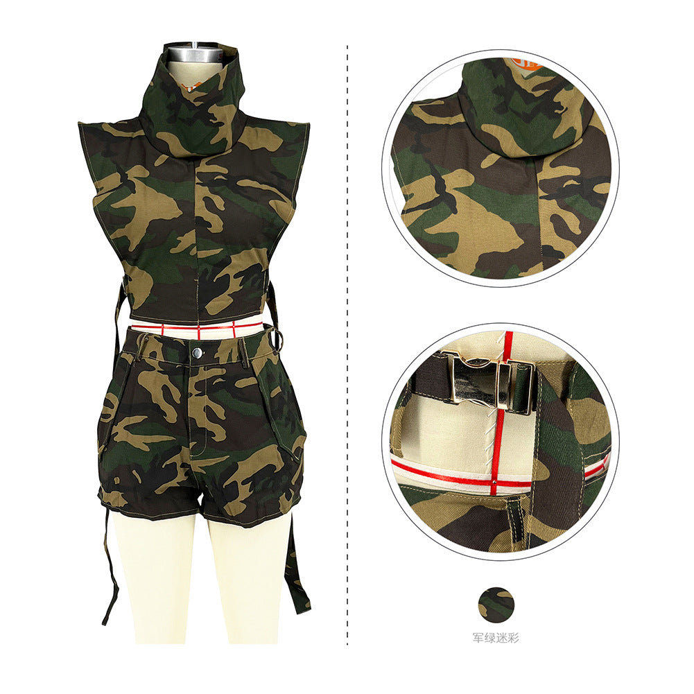 D88208 Women's Fashion Summer Camouflage Cotton Shorts Set