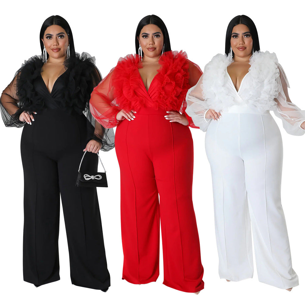 Plus Size Mesh Jumpsuit with Ruffles and Deep V Neck