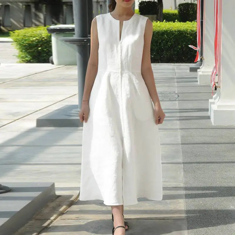 V-Neck Belted Cotton Dress with Side Slits (Sleeveless)