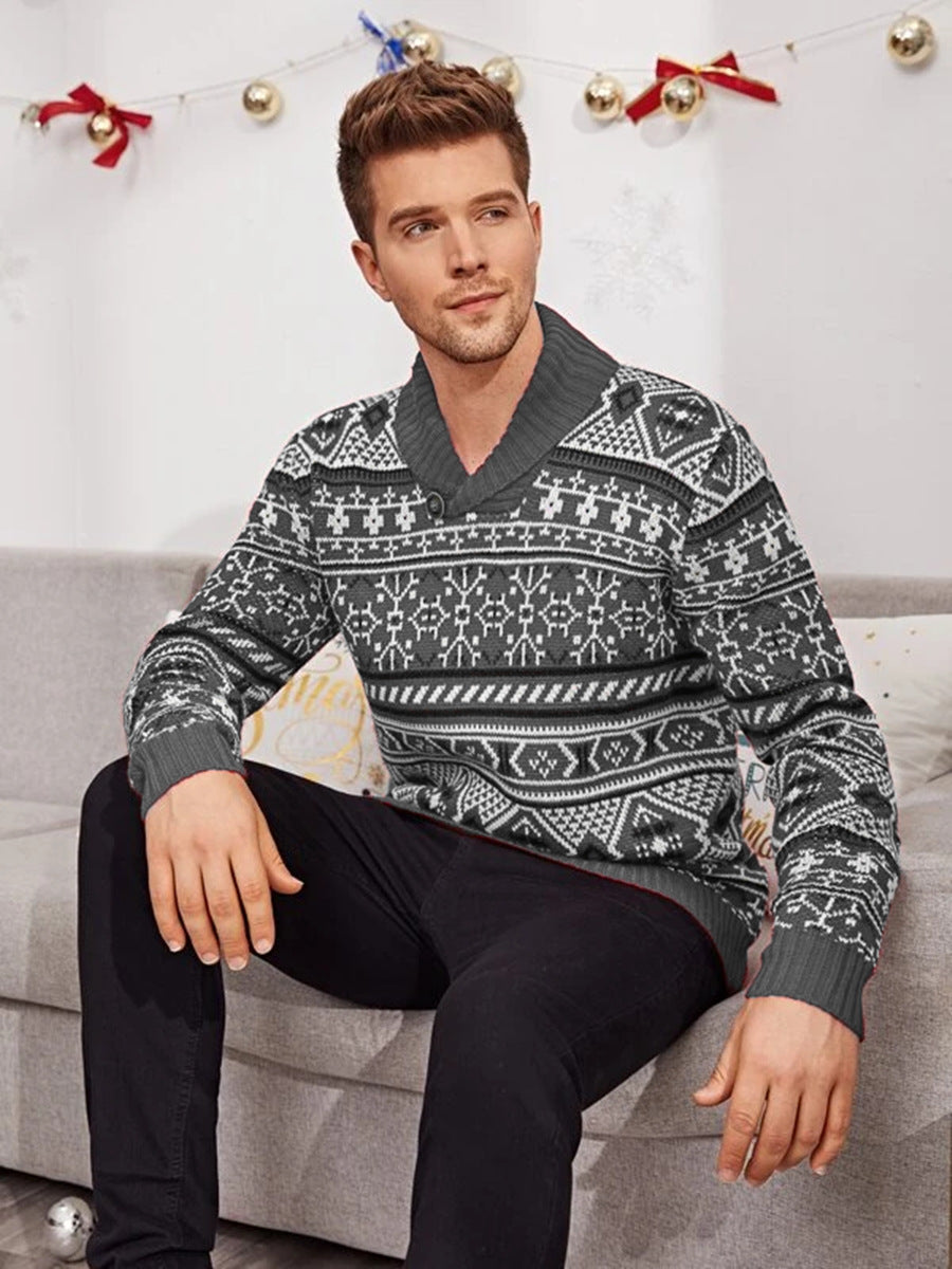 Men's Knit Christmas Elk Lapel Sweater Pullover 2021
