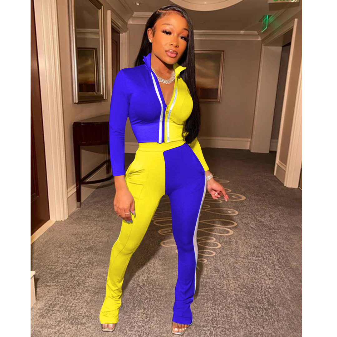 Fashionable Color-Blocked Sports Two-Piece Set for Women