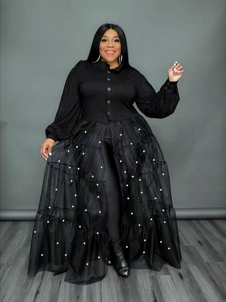 Elegant Plus Size Patchwork Mesh Maxi Dress for Women