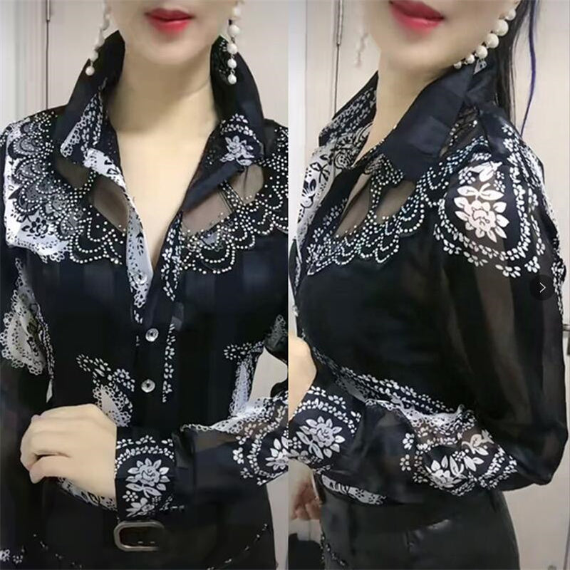 Lace Chiffon Summer Blouse with Printed Button Panel