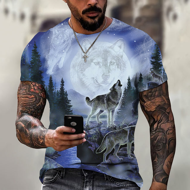 Men's Casual Short Sleeve T-Shirt with Wolf Pattern