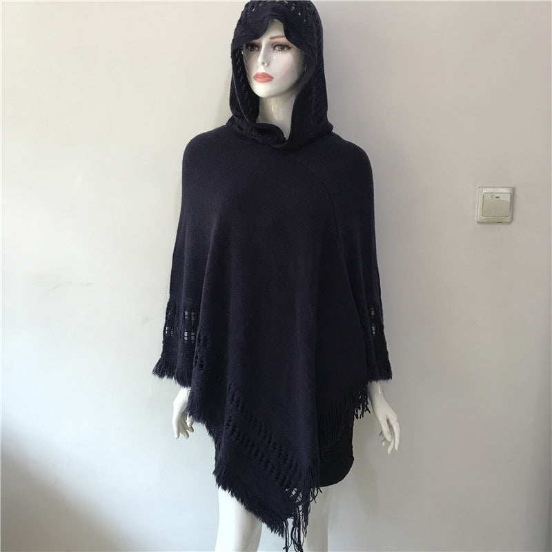Hooded Solid Color Fringe Cape Shawl