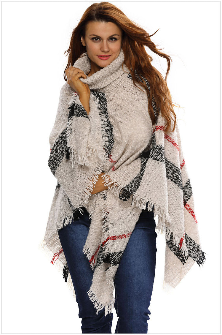 Knit Sweater with Turtleneck and Fringe Cape Design