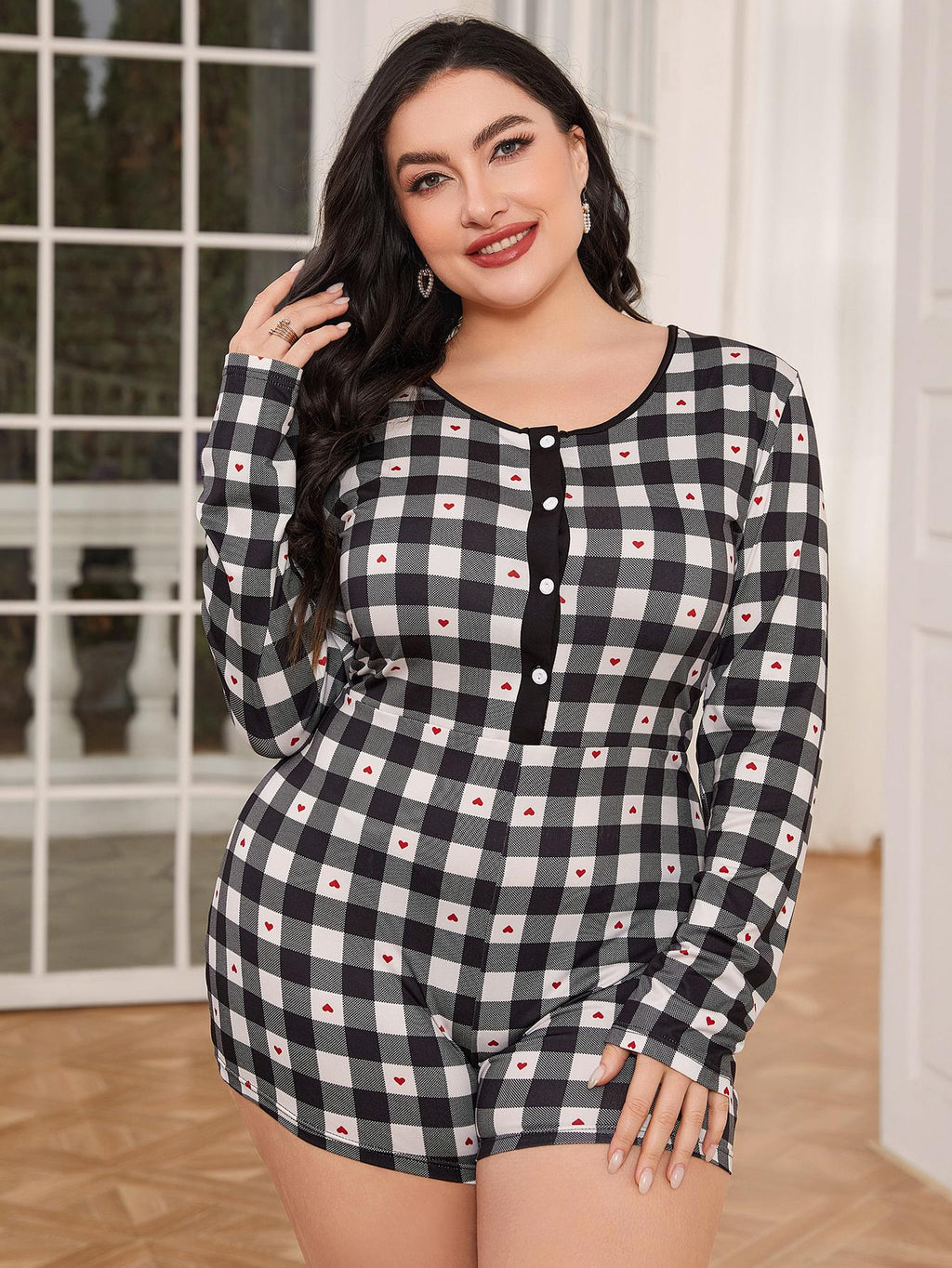 Plus Size Long Sleeve Plaid Heart Print Jumpsuit