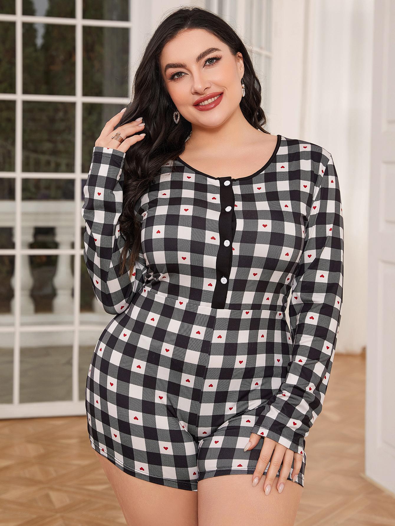 Plus Size Long Sleeve Plaid Heart Print Jumpsuit