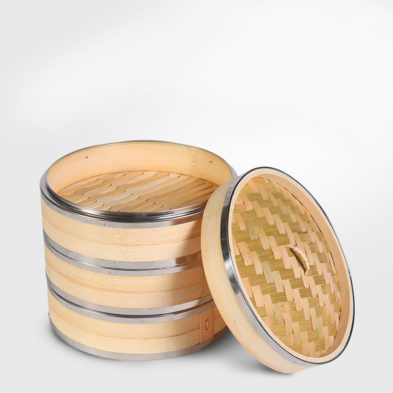Bamboo Steamer for Baozi and Dumplings with Steel Trim