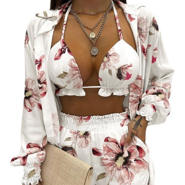 Tropical Print Lantern Sleeve Shirt and Shorts Set