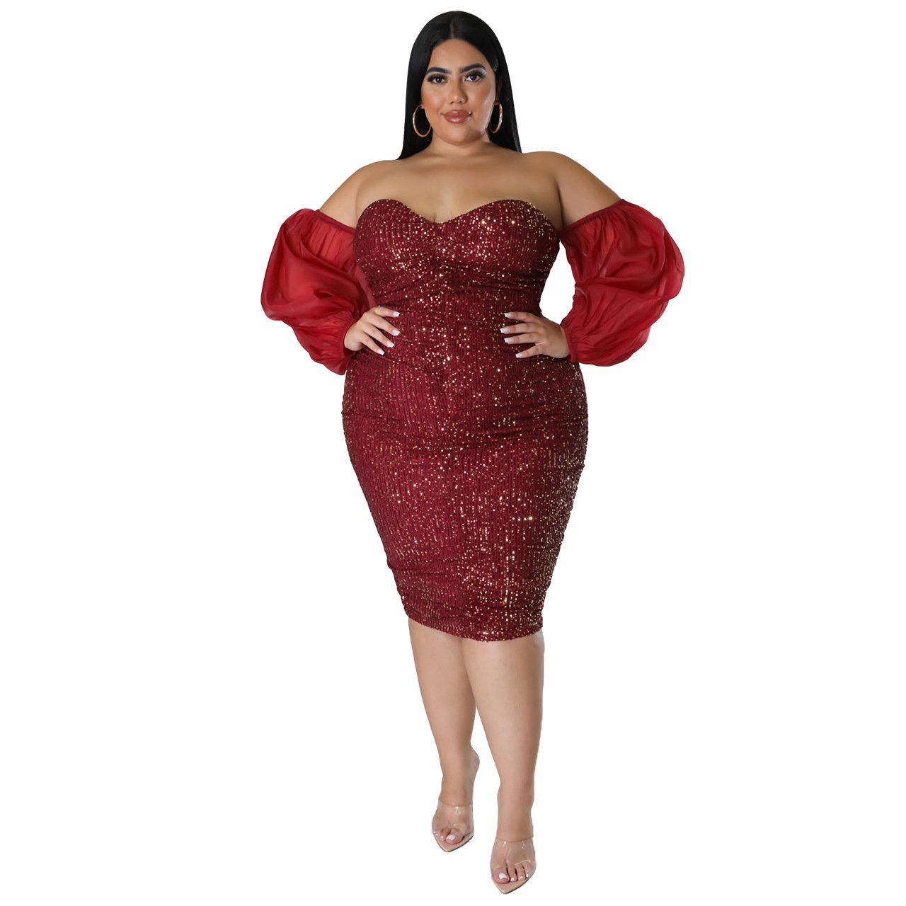 Solid Color Tube Top Mesh Evening Dress (Tight Fit)