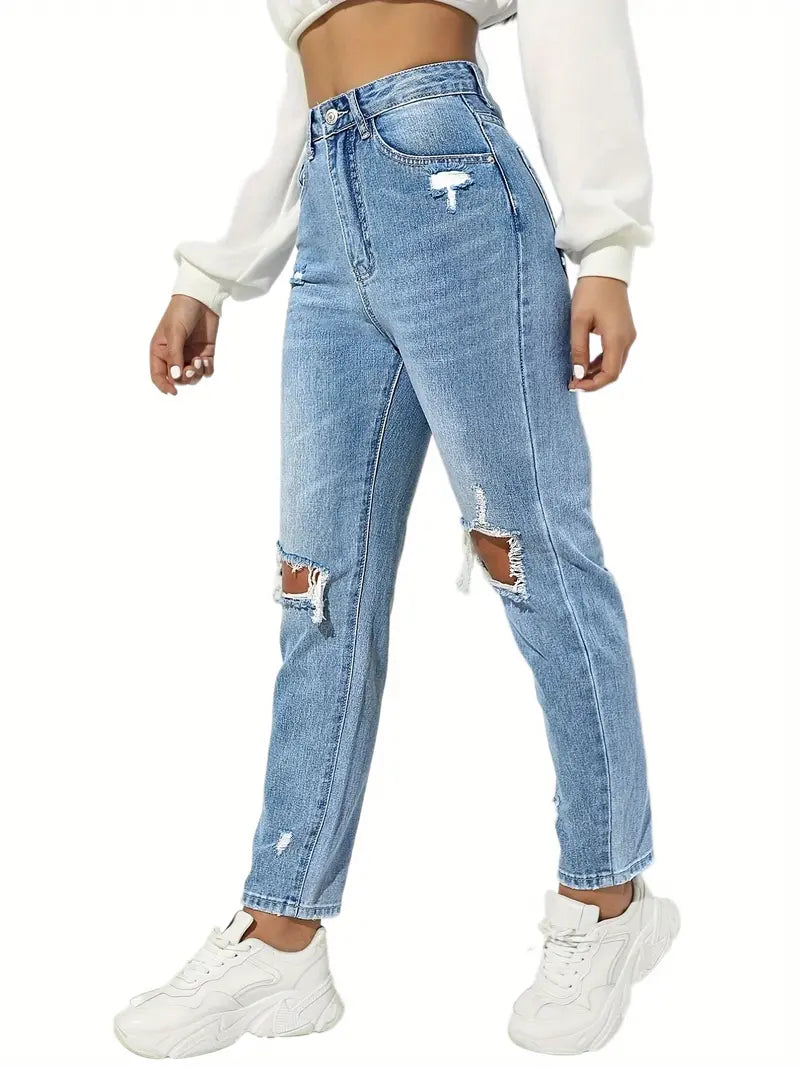 High Rise Ripped Knee Slim Fit Women's Denim Jeans