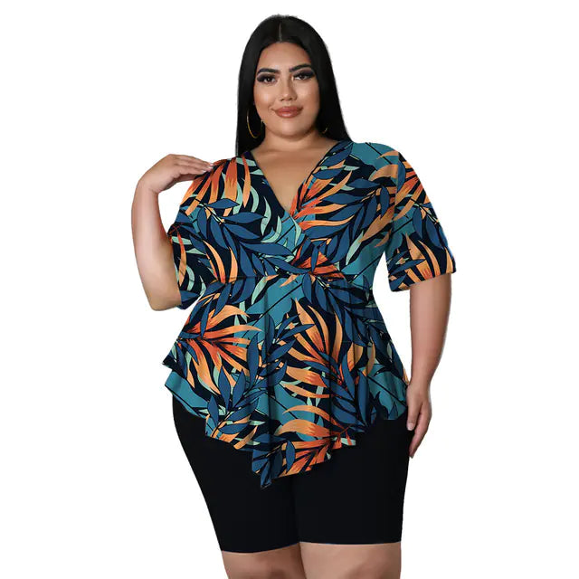 Large Women's Print Two-Piece T-Shirt and Shorts Set