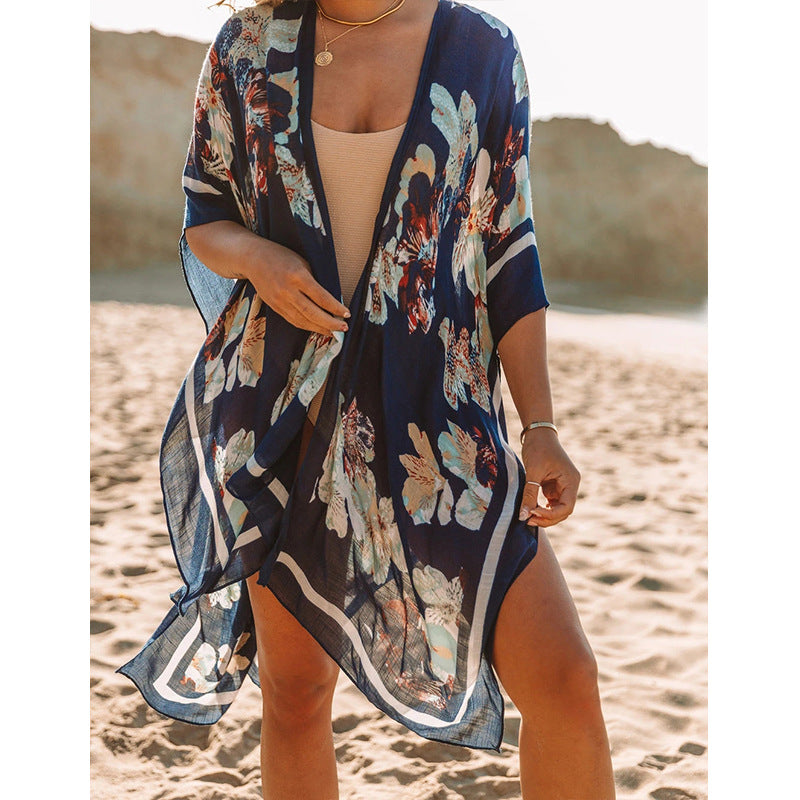 Mid-Length Slit Chiffon Printed Sun Blouse