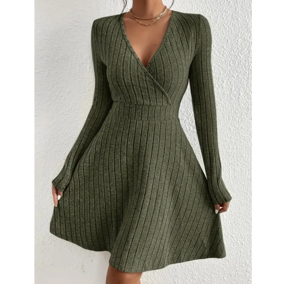 Women's V-Neck Long Sleeve Waist Dress