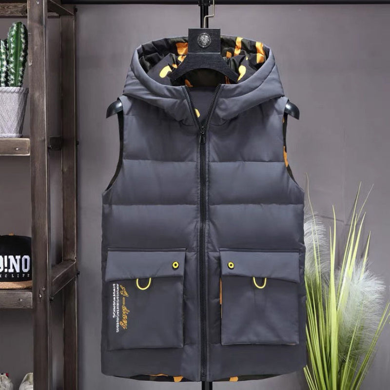 Reversible Thickened Hooded Men's Vest for Fall & Winter