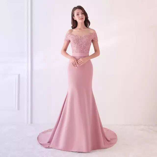 Long Mermaid Fitted Off-the-Shoulder Evening Gown