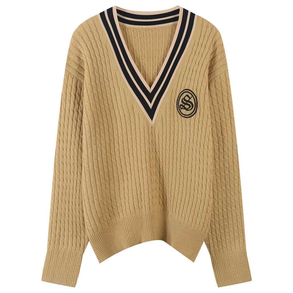 V-Neck Logo Knitted Sweater with Striped Trim for Women