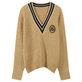 V-Neck Logo Knitted Sweater with Striped Trim for Women