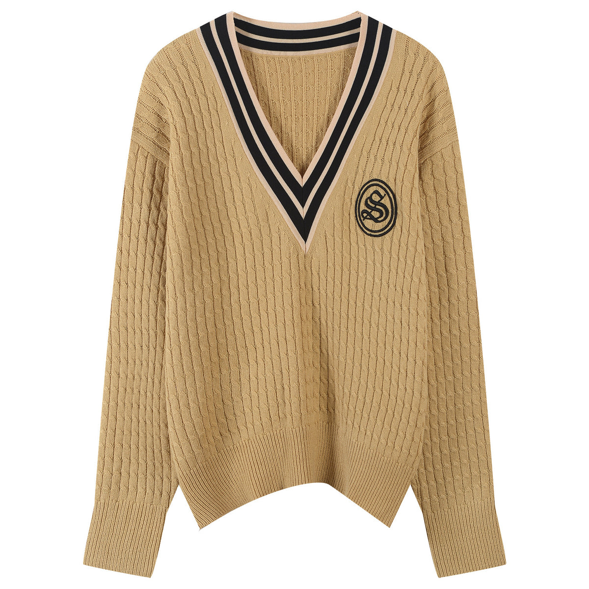 V-Neck Logo Knitted Sweater with Striped Trim for Women
