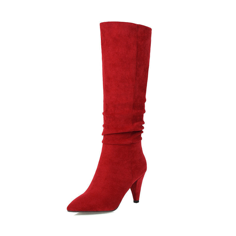 Tapered Heel Pointed Toe Leather Velvet High Boots