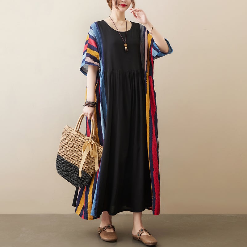 Contrast Striped Short Sleeve Cotton Linen Dress