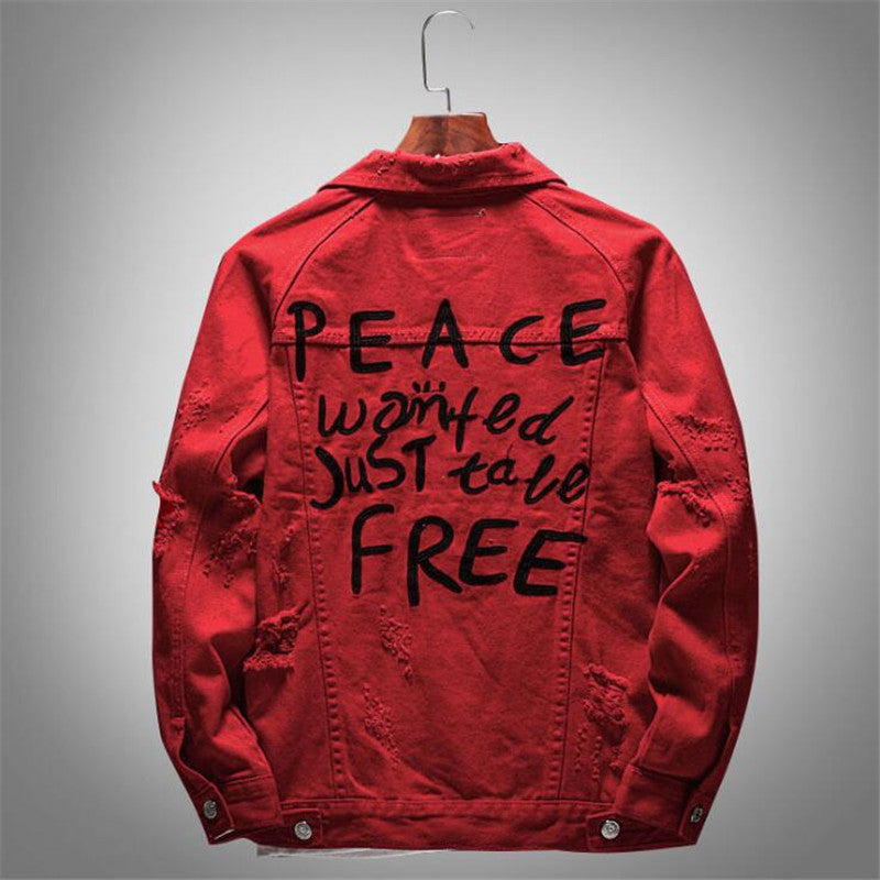Men's Red Oversized Denim Jacket with Embroidery