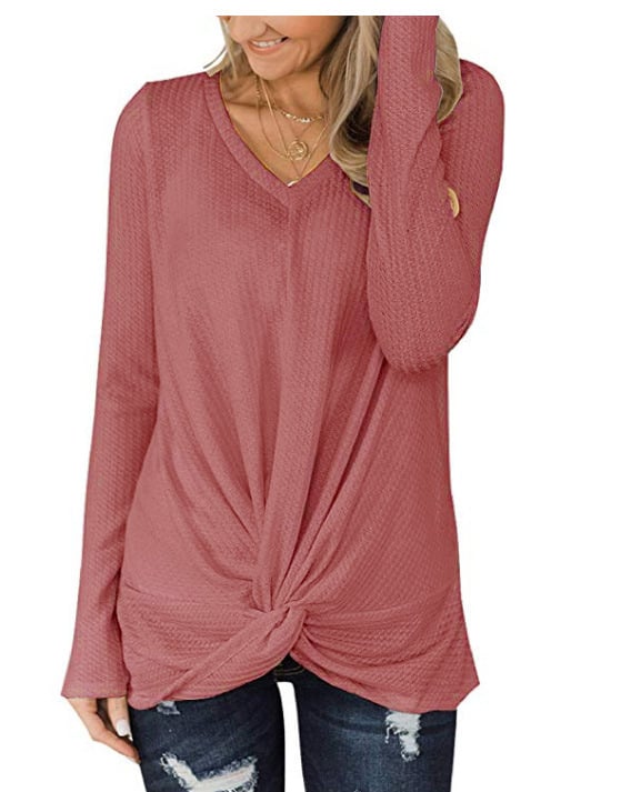 Waffle V-neck Long Sleeve Twisted Knit Top