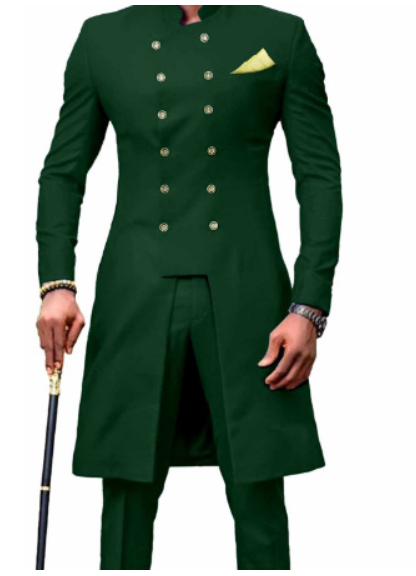 Men's Casual Double-Breasted Long Suit (Two-Piece Set)