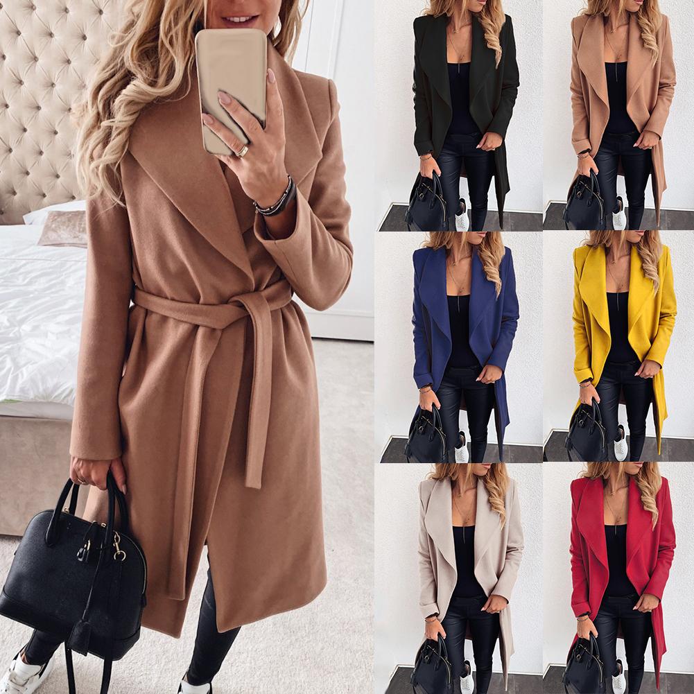 Women's Solid Color Wool Coat with Lace-Up Lapel