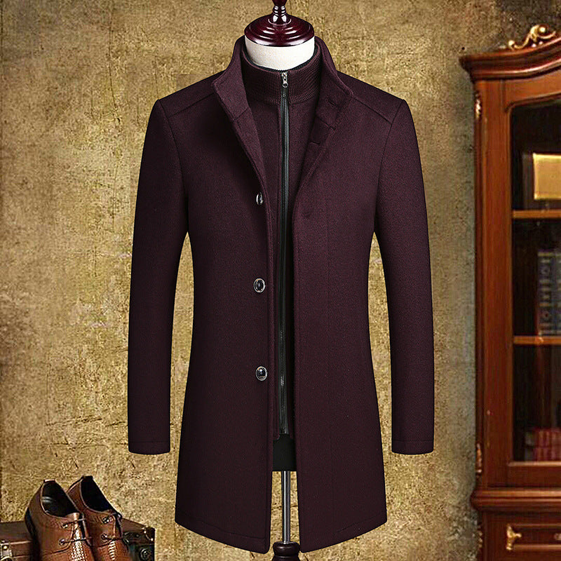 Men's Mid-Length Woolen Coat with Detachable Liner