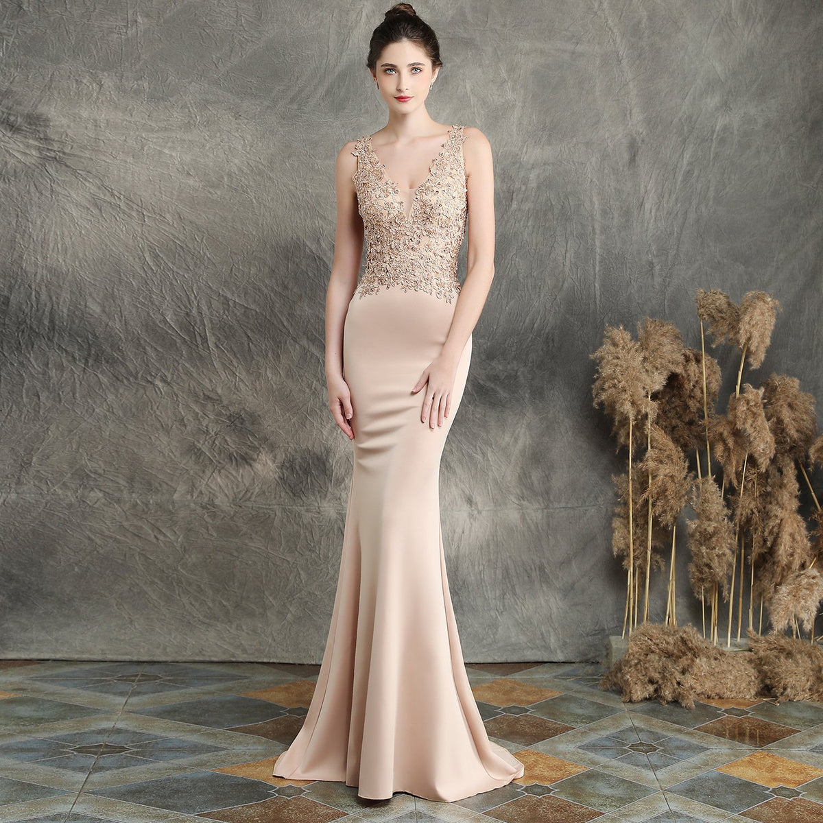 Beaded Appliqué Long Toast Dress for Bride
