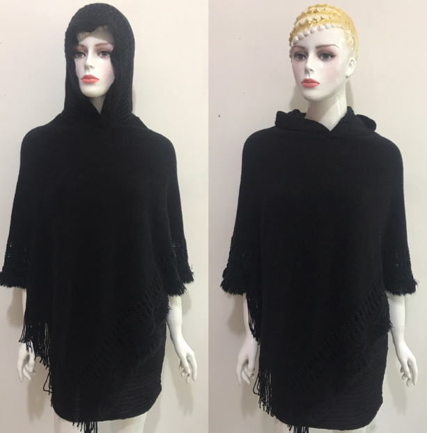 Hooded Solid Color Fringe Cape Shawl