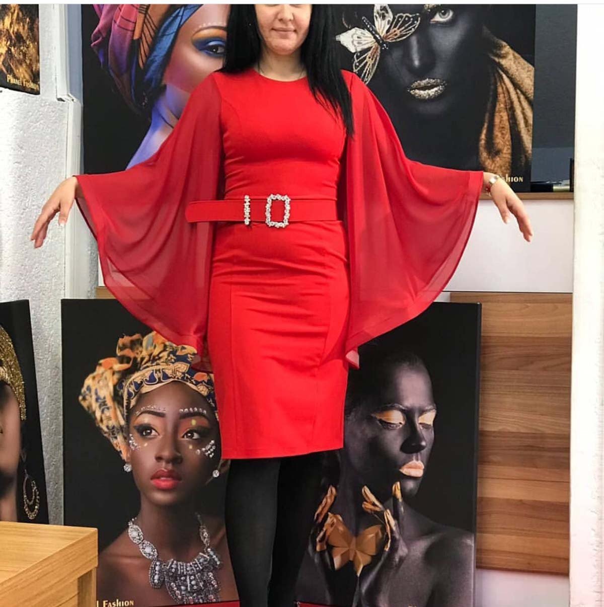 Big Flared Chiffon Sleeves with Diamond Belt