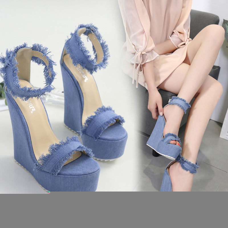 Wedge Denim Sandals with Frayed Edges and Buckle
