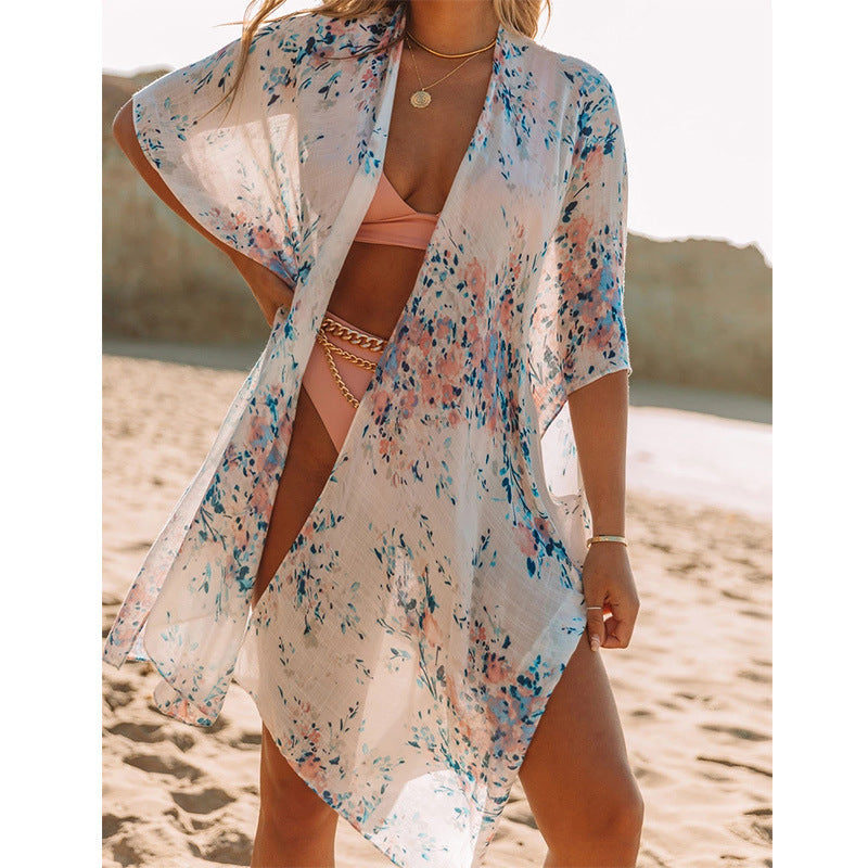 Mid-Length Slit Chiffon Printed Sun Blouse