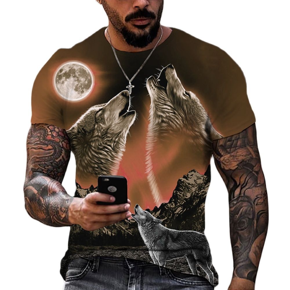 Men's Casual Short Sleeve T-Shirt with Wolf Pattern