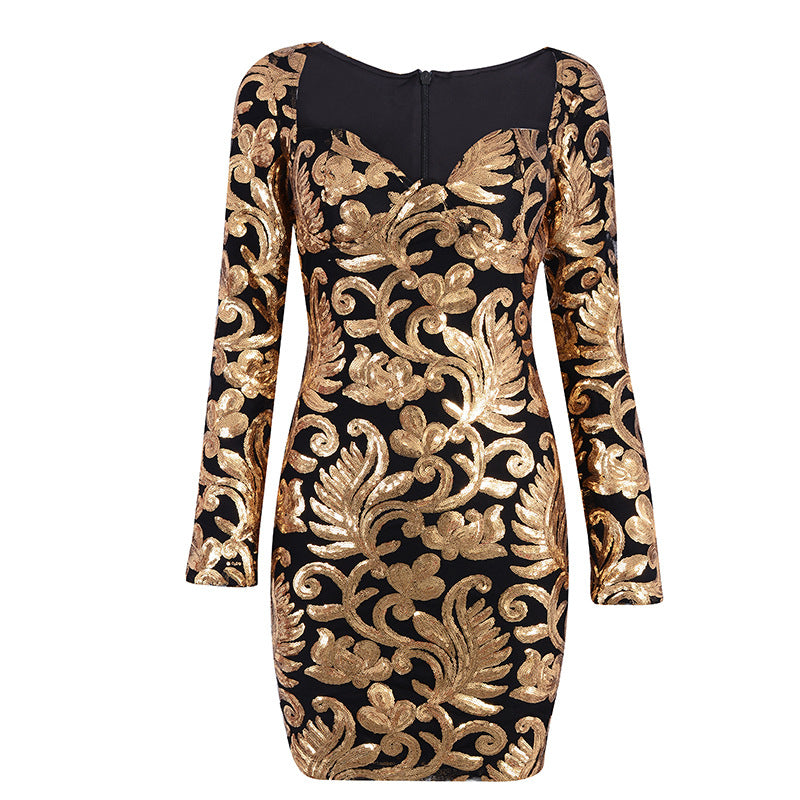 Elegant Spring Evening Dress with Sequins and Deep V Cut