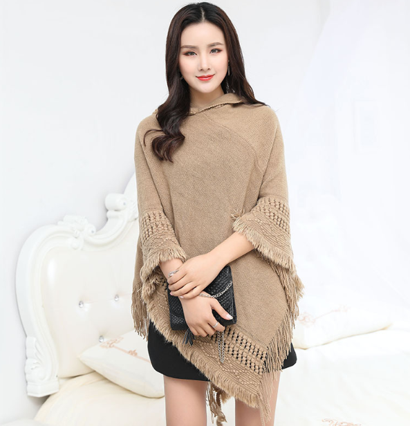 Hooded Solid Color Fringe Cape Shawl