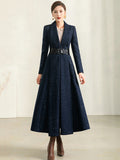 Women's Autumn Winter Blue Plaid Wool Coat with Collar
