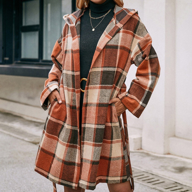 Plaid Belted Hooded Mid-Length Casual Coat