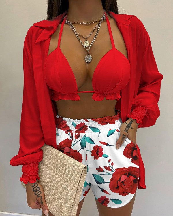 Tropical Print Lantern Sleeve Shirt and Shorts Set