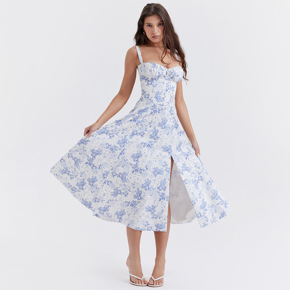 Sexy Backless Floral Midi Dress for Vacation Style
