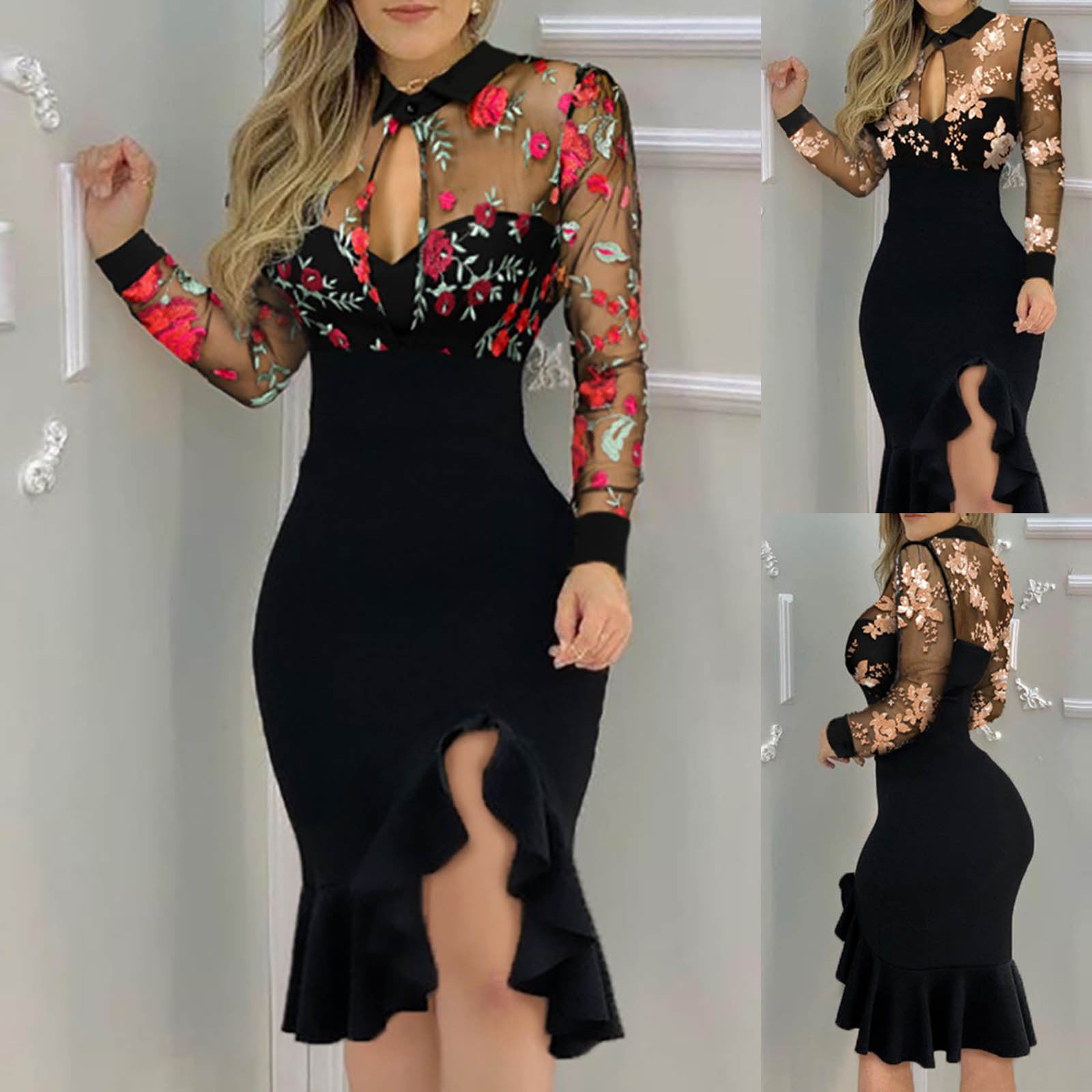 Embroidered Beaded Mesh Dress with Ruffled Sleeves