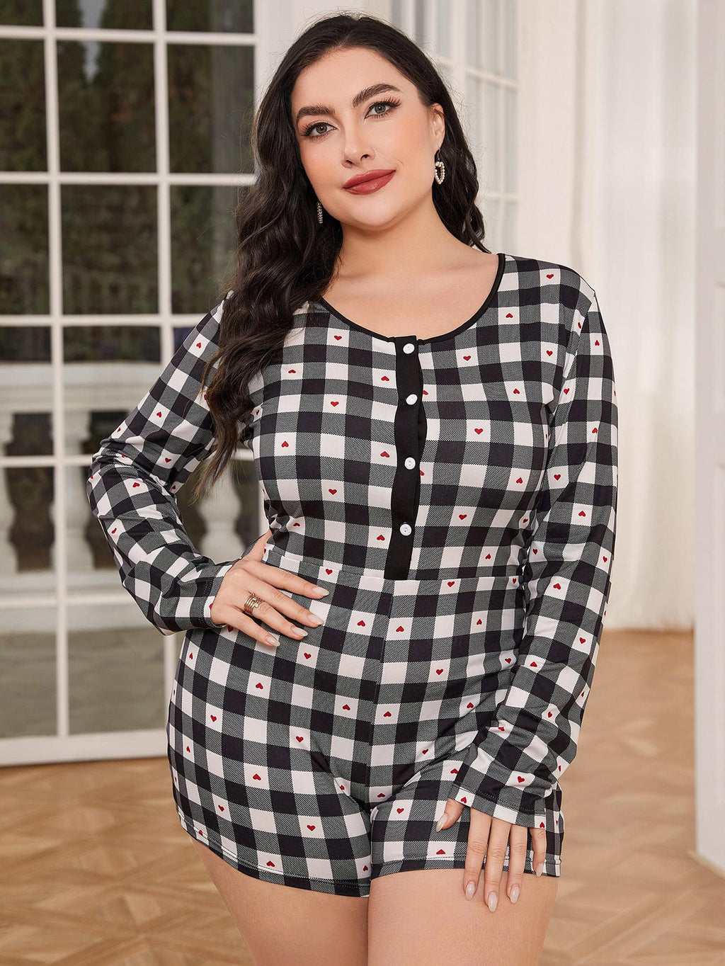 Plus Size Long Sleeve Plaid Heart Print Jumpsuit
