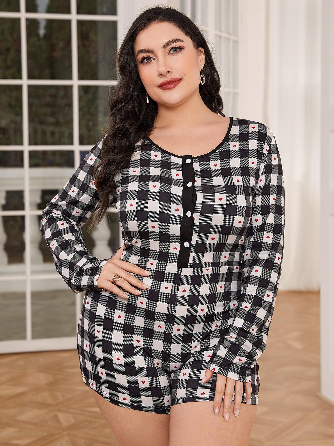 Plus Size Long Sleeve Plaid Heart Print Jumpsuit