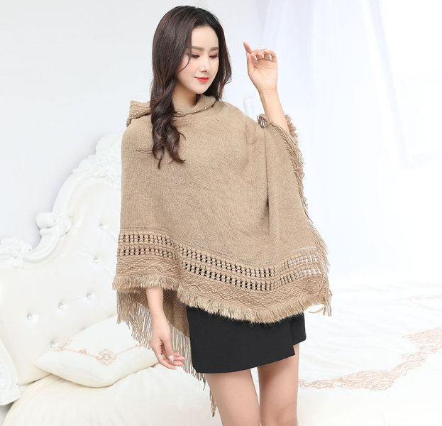 Hooded Solid Color Fringe Cape Shawl