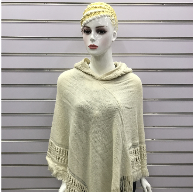Hooded Solid Color Fringe Cape Shawl
